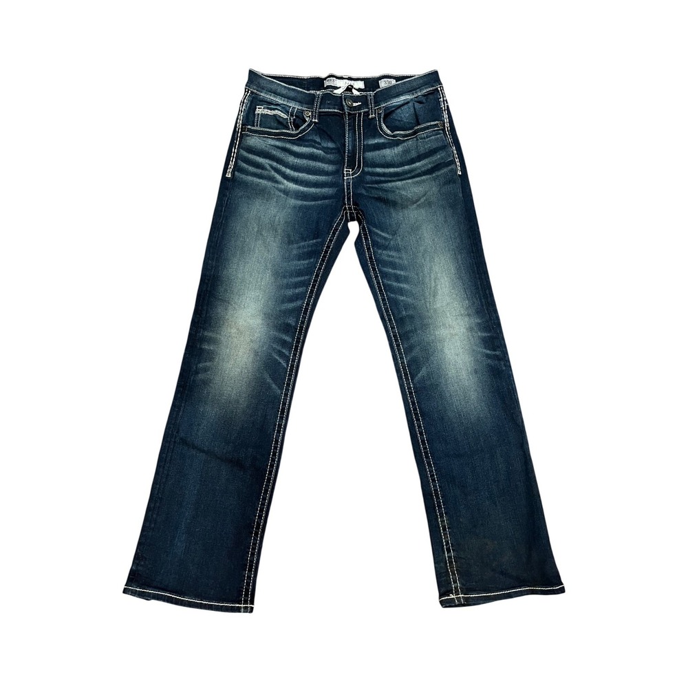 BKE Jake Bootleg Jeans Mens Blue White Stitch Faded Dark Wash 33 X 31